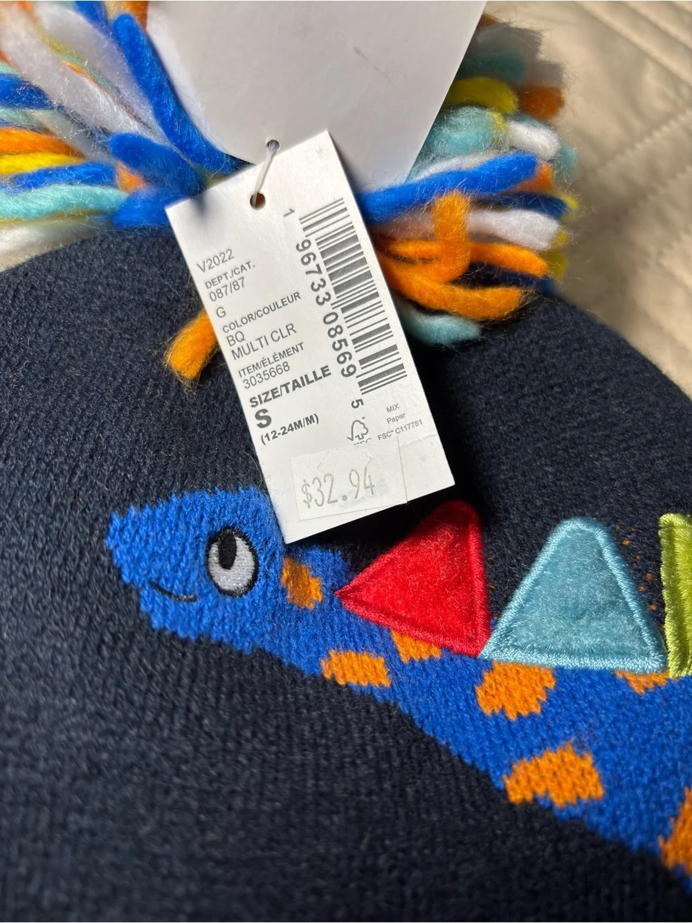 Children's Place 12-24M Navy Dino Pom-Pom Earflap Hat & Mitten Set